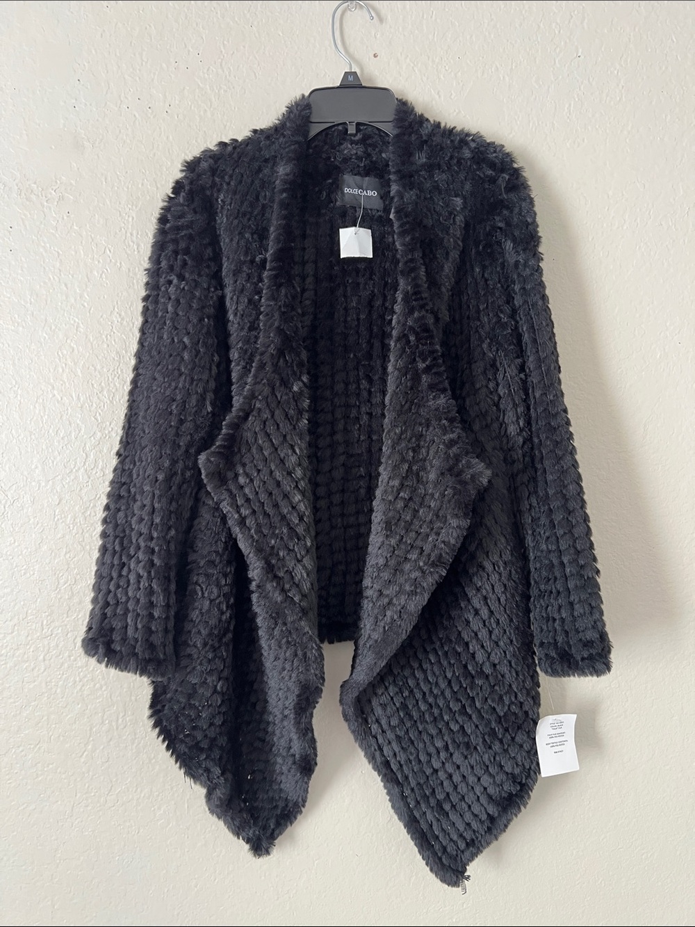 NWT DOLCE CABO Faux Fur Open Front Cardigan Jacket Black Size L